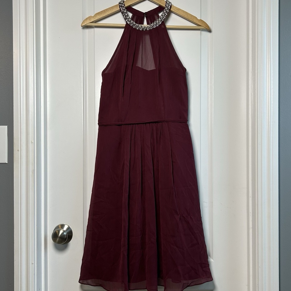 David's Bridal Burgundy Chiffon Pearl Beaded Embellished Halter Neck Mini Dress